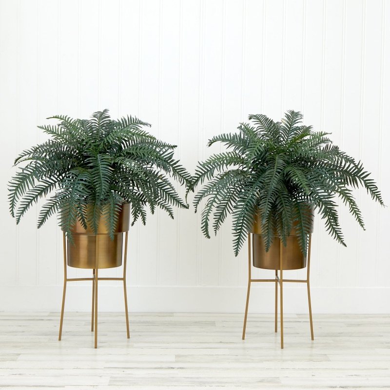 34” Artificial River Fern Plant in Metal Planter with Stand DIY KIT - Set of 2 - FCHF CITY