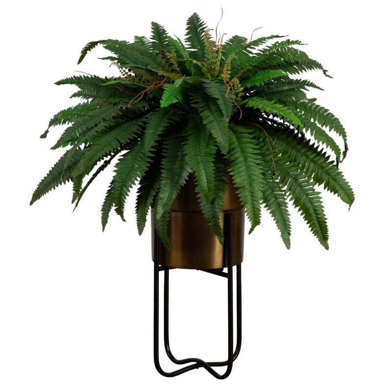35” Artificial Boston Fern in Brass Metal Planter with Stand - FCHF CITY