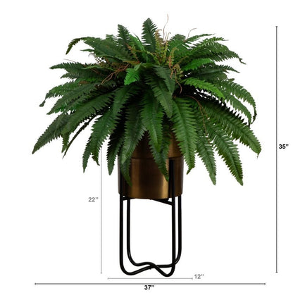 35” Artificial Boston Fern in Brass Metal Planter with Stand - FCHF CITY