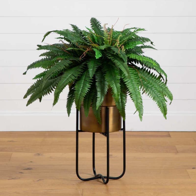 35” Artificial Boston Fern in Brass Metal Planter with Stand - FCHF CITY
