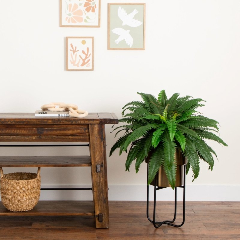 35” Artificial Boston Fern in Brass Metal Planter with Stand - FCHF CITY