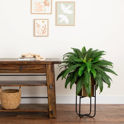 35” Artificial Boston Fern in Brass Metal Planter with Stand - FCHF CITY