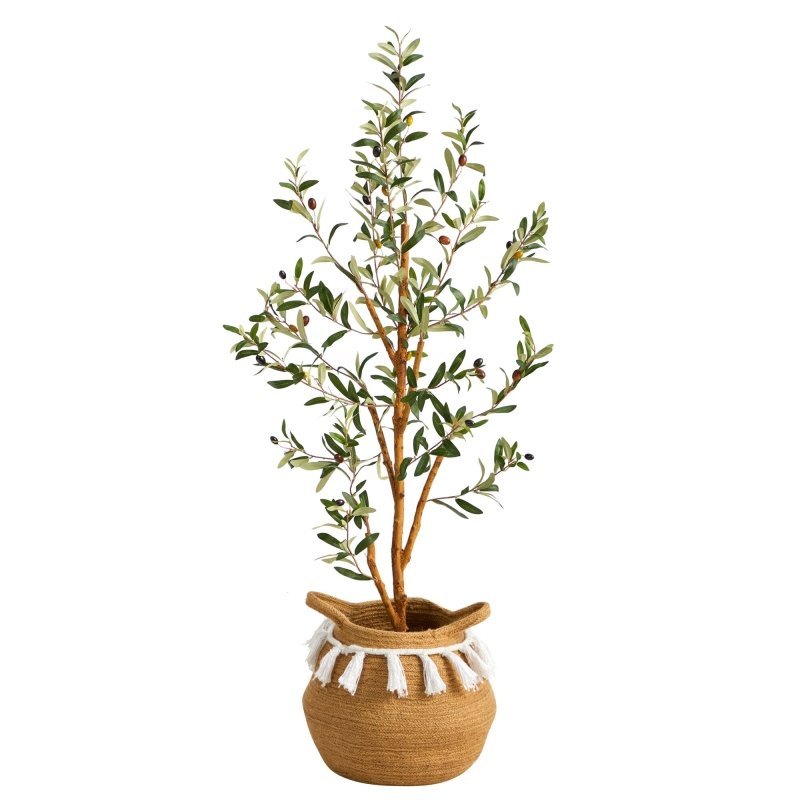 3.5’ Artificial Olive Tree with Handmade Jute &amp; Cotton Basket with Tassels - FCHF CITY