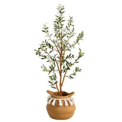 3.5’ Artificial Olive Tree with Handmade Jute &amp; Cotton Basket with Tassels - FCHF CITY