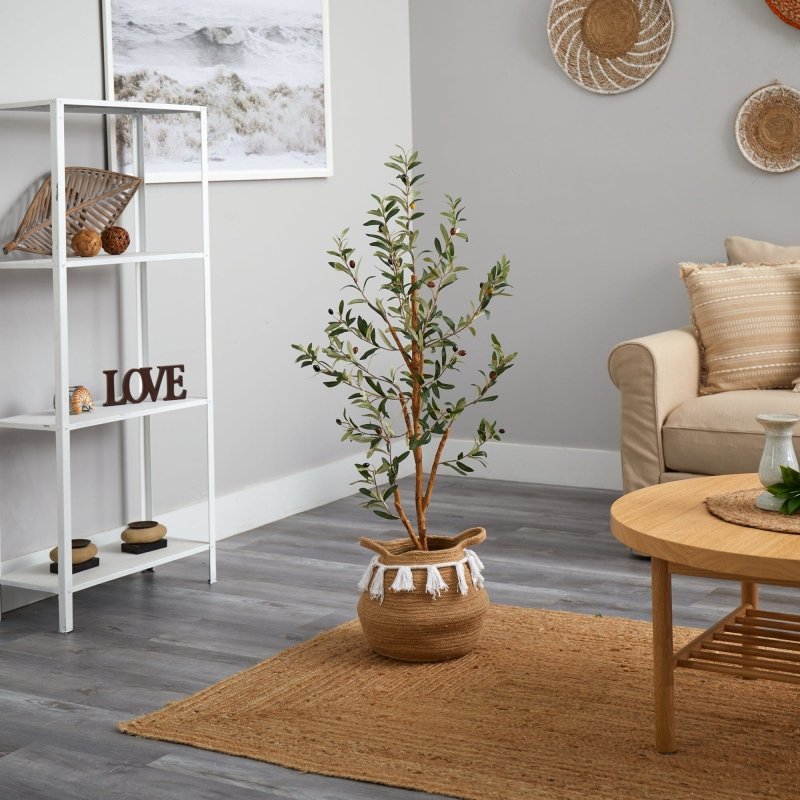 3.5’ Artificial Olive Tree with Handmade Jute &amp; Cotton Basket with Tassels - FCHF CITY