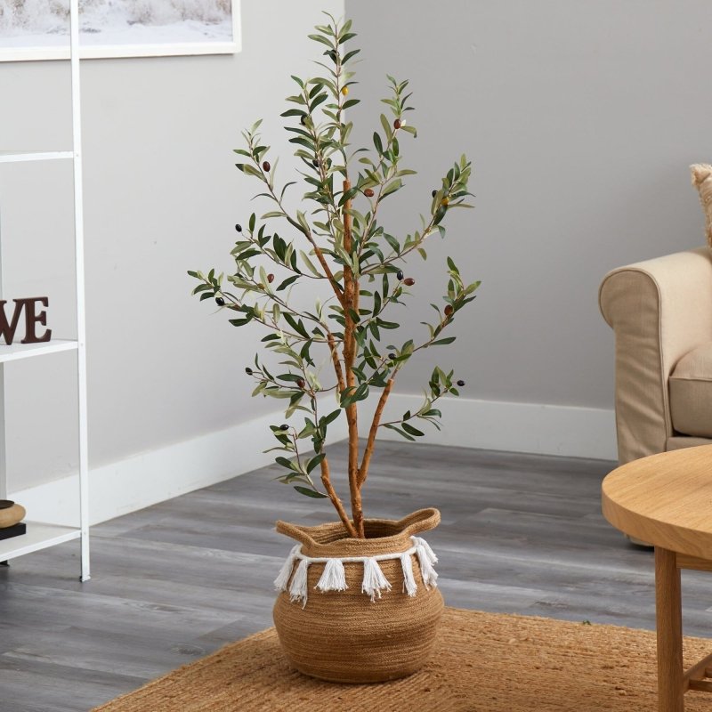 3.5’ Artificial Olive Tree with Handmade Jute &amp; Cotton Basket with Tassels - FCHF CITY