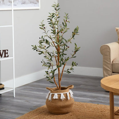 3.5’ Artificial Olive Tree with Handmade Jute &amp; Cotton Basket with Tassels - FCHF CITY