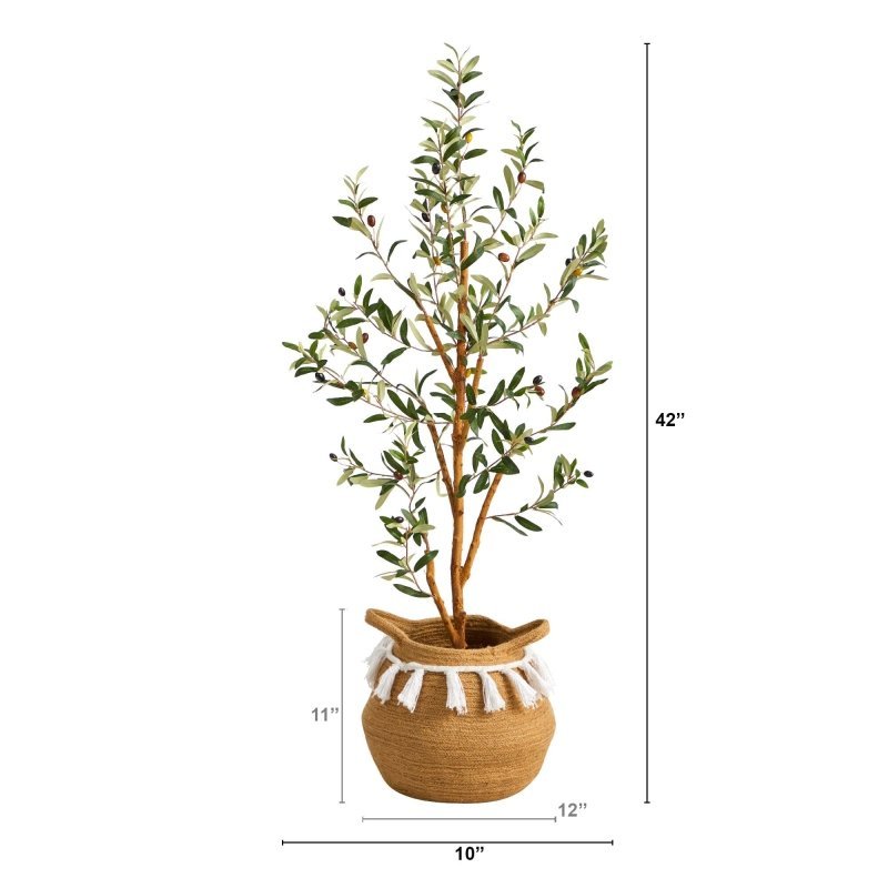 3.5’ Artificial Olive Tree with Handmade Jute &amp; Cotton Basket with Tassels - FCHF CITY