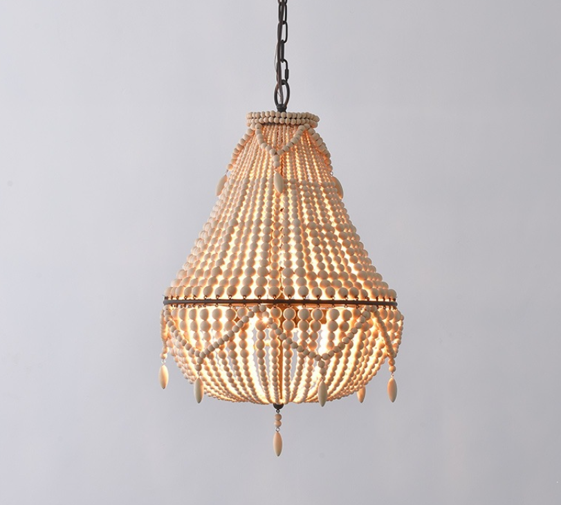 Antique White Bedroom 4-Light Chandelier Light with Wood Beads