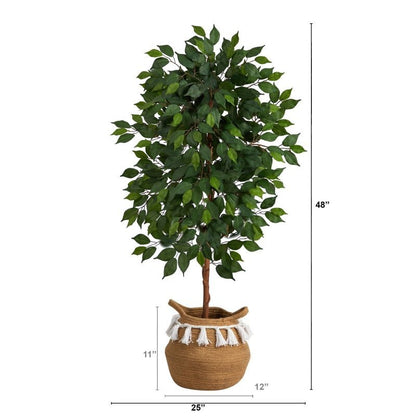 4’ Artificial Ficus Tree with Handmade Jute &amp; Cotton Basket with Tassels - FCHF CITY