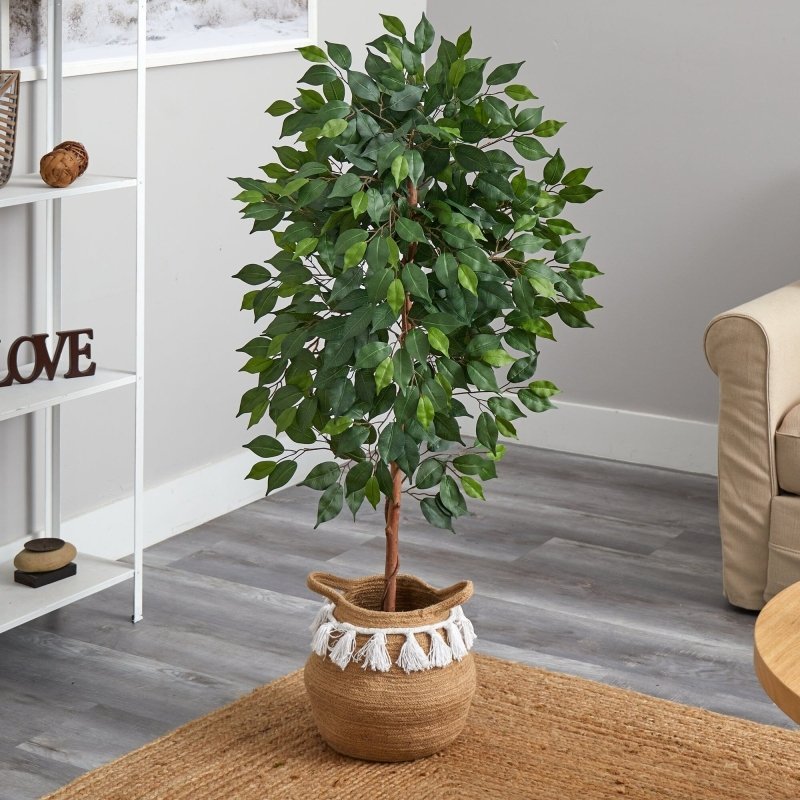 4’ Artificial Ficus Tree with Handmade Jute &amp; Cotton Basket with Tassels - FCHF CITY