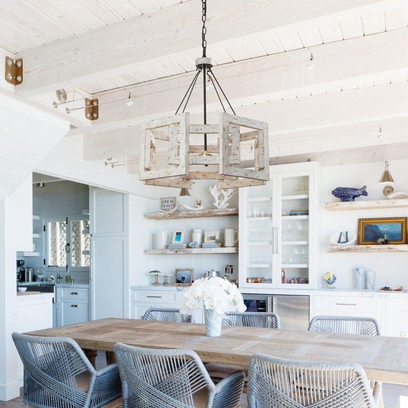 4 - Light Distressed White Wooden Drum Chandelier - FCHF CITY