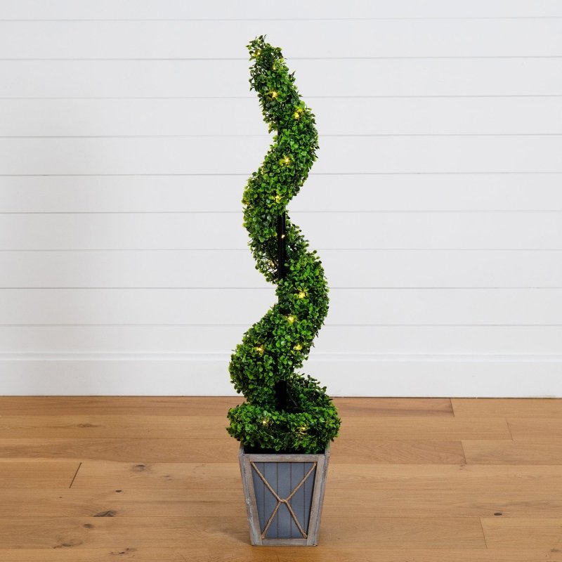 45” UV Resistant Artificial Boxwood Spiral Topiary Tree with LED Lights in Decorative Planter (Indoor/Outdoor) - FCHF CITY