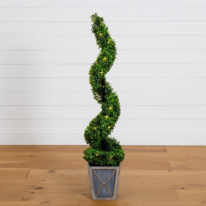 45” UV Resistant Artificial Boxwood Spiral Topiary Tree with LED Lights in Decorative Planter (Indoor/Outdoor) - FCHF CITY