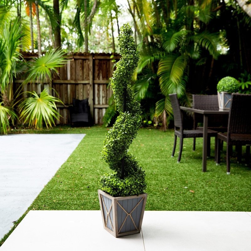 45” UV Resistant Artificial Boxwood Spiral Topiary Tree with LED Lights in Decorative Planter (Indoor/Outdoor) - FCHF CITY