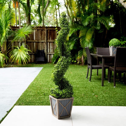 45” UV Resistant Artificial Boxwood Spiral Topiary Tree with LED Lights in Decorative Planter (Indoor/Outdoor) - FCHF CITY