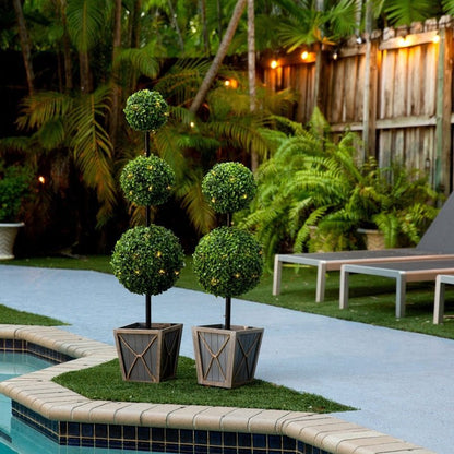 45&quot; UV Resistant Artificial Triple Ball Boxwood Topiary with LED Lights in Decorative Planter (Indoor/Outdoor) - FCHF CITY