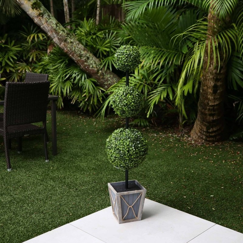45&quot; UV Resistant Artificial Triple Ball Boxwood Topiary with LED Lights in Decorative Planter (Indoor/Outdoor) - FCHF CITY