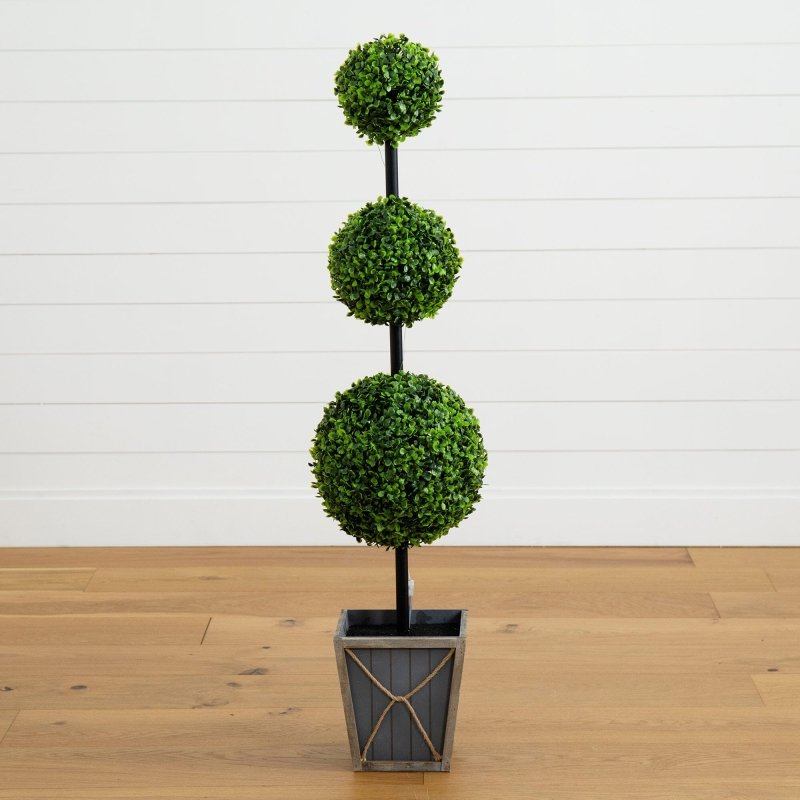 45&quot; UV Resistant Artificial Triple Ball Boxwood Topiary with LED Lights in Decorative Planter (Indoor/Outdoor) - FCHF CITY