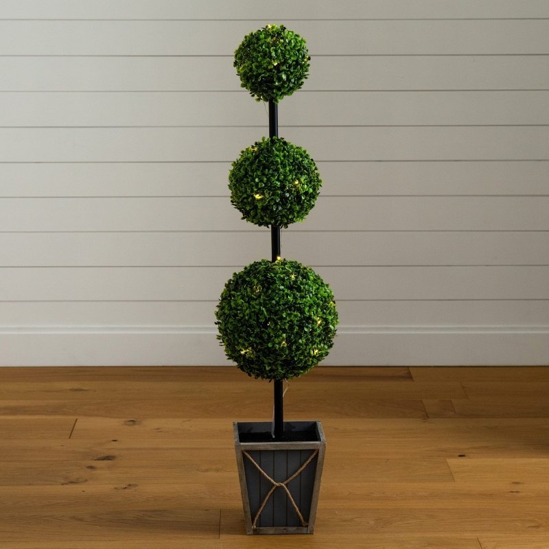 45&quot; UV Resistant Artificial Triple Ball Boxwood Topiary with LED Lights in Decorative Planter (Indoor/Outdoor) - FCHF CITY