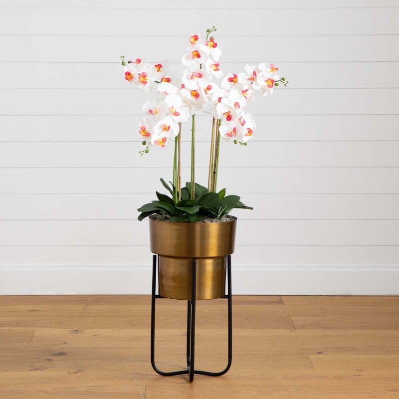 48” Artificial Orchid Arrangement in Brass Metal Planter with Stand - FCHF CITY