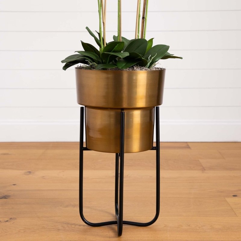 48” Artificial Orchid Arrangement in Brass Metal Planter with Stand - FCHF CITY