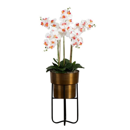 48” Artificial Orchid Arrangement in Brass Metal Planter with Stand - FCHF CITY