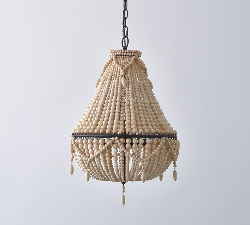 Antique White Bedroom 4-Light Chandelier Light with Wood Beads