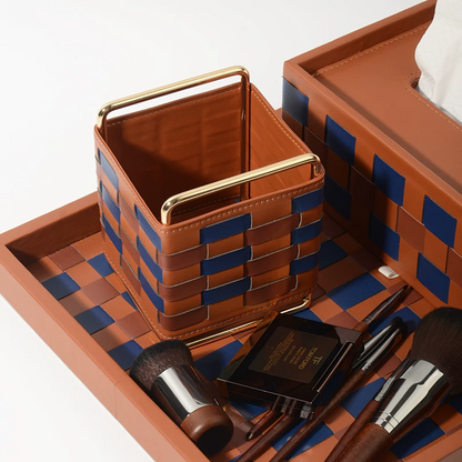 Modern Woven Checkered Storage Bin, Faux‑Leather Decor Organizer for Home