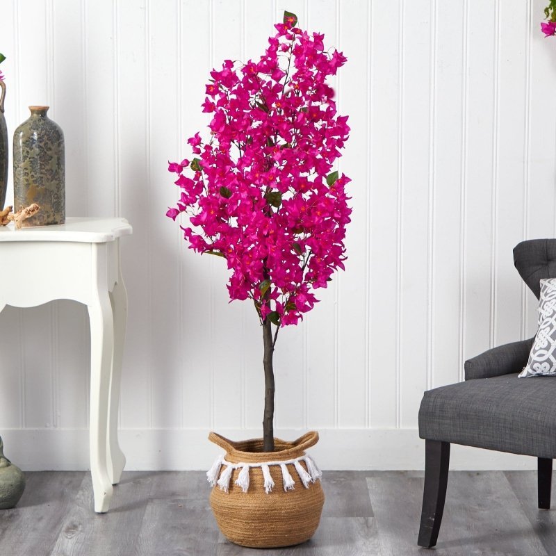 5’ Artificial Bougainvillea Tree with Handmade Jute &amp; Cotton Basket with Tassels - FCHF CITY