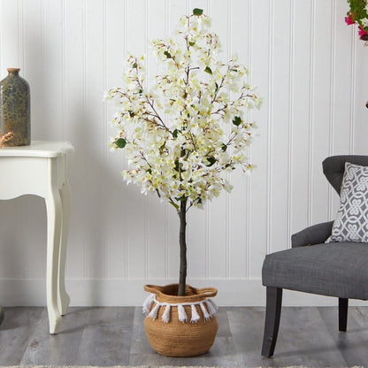 5’ Artificial Bougainvillea Tree with Handmade Jute &amp; Cotton Basket with Tassels - FCHF CITY