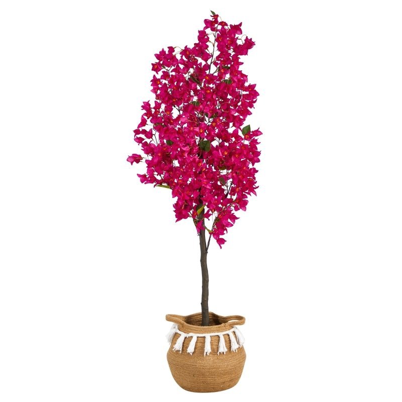 5’ Artificial Bougainvillea Tree with Handmade Jute &amp; Cotton Basket with Tassels - FCHF CITY