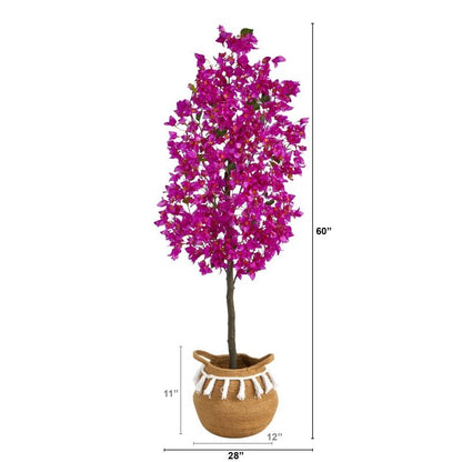 5’ Artificial Bougainvillea Tree with Handmade Jute &amp; Cotton Basket with Tassels - FCHF CITY