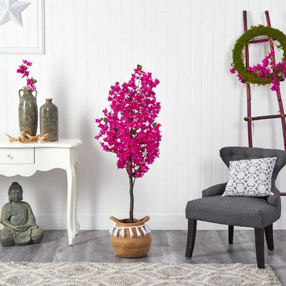 5’ Artificial Bougainvillea Tree with Handmade Jute &amp; Cotton Basket with Tassels - FCHF CITY