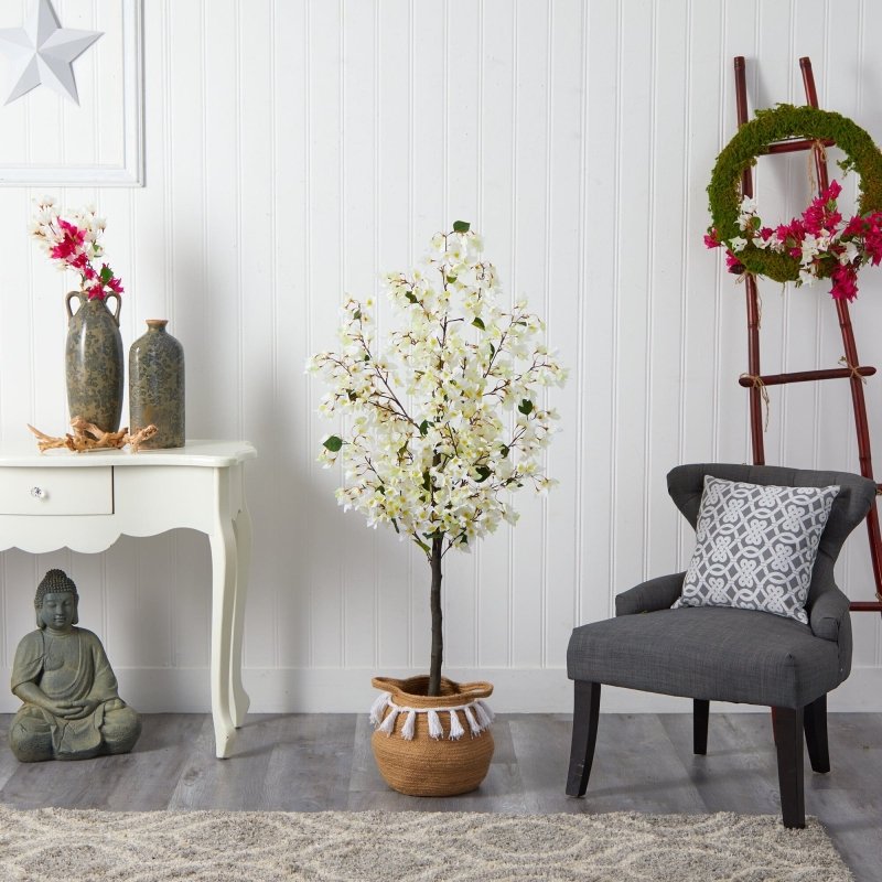 5’ Artificial Bougainvillea Tree with Handmade Jute &amp; Cotton Basket with Tassels - FCHF CITY