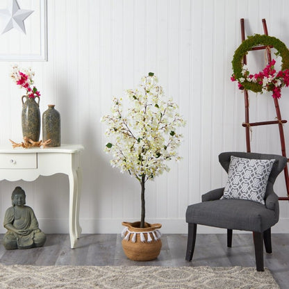 5’ Artificial Bougainvillea Tree with Handmade Jute &amp; Cotton Basket with Tassels - FCHF CITY