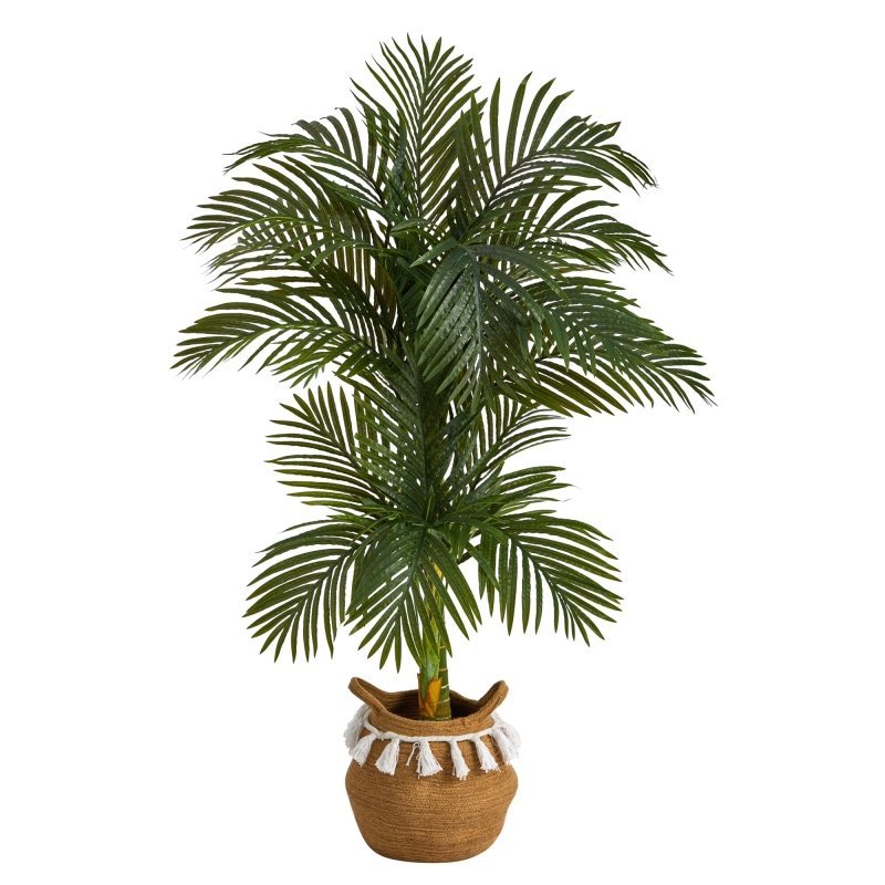 5’ Artificial Double Stalk Golden Cane Palm Tree with Handmade Woven Cotton Basket - FCHF CITY