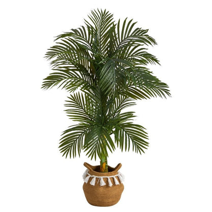 5’ Artificial Double Stalk Golden Cane Palm Tree with Handmade Woven Cotton Basket - FCHF CITY