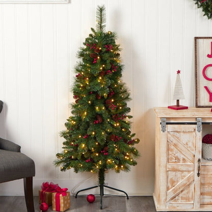 5’ Flat Back Montreal Mountain Artificial Christmas Tree with Pine Cones and Berries - FCHF CITY