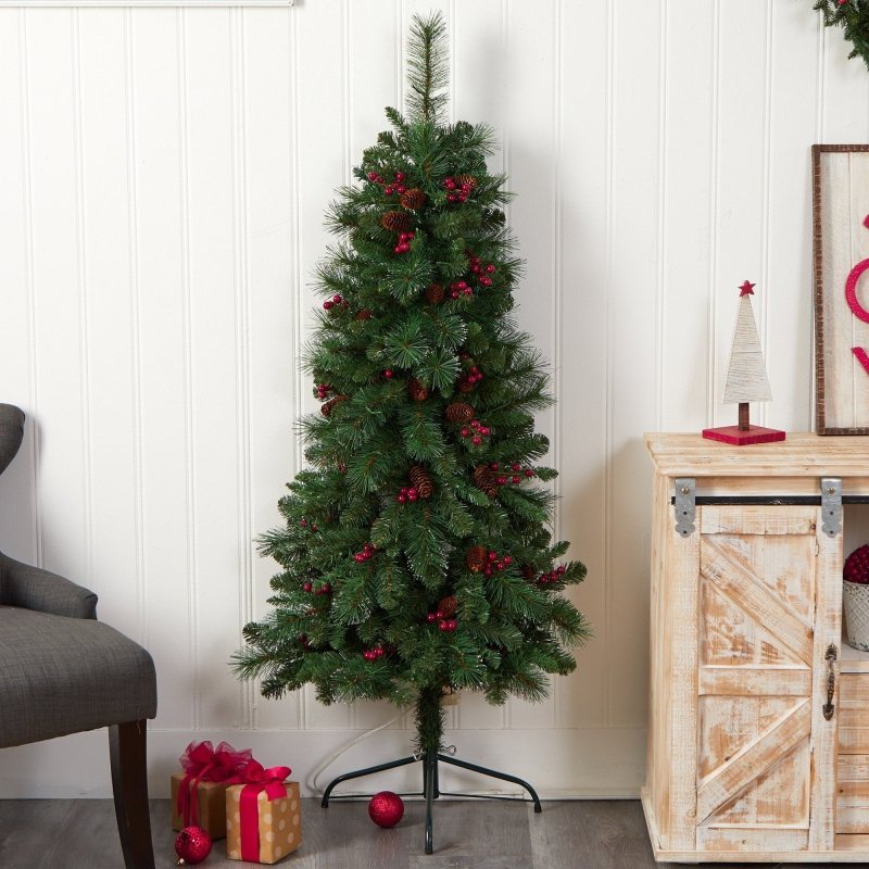 5’ Flat Back Montreal Mountain Artificial Christmas Tree with Pine Cones and Berries - FCHF CITY
