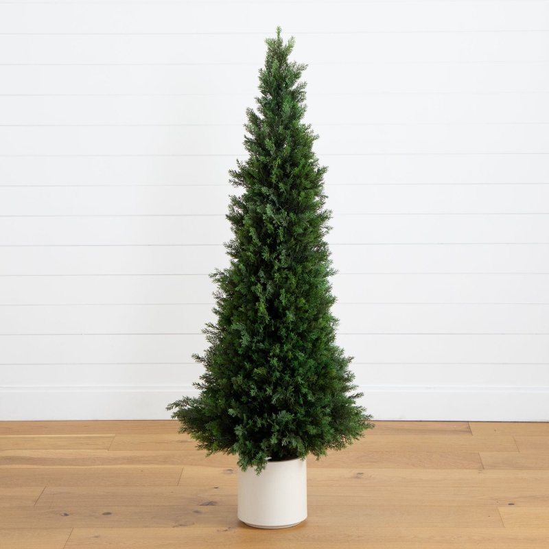 5’ UV Resistant Artificial Cedar Tree in Decorative White Planter (Indoor/Outdoor) - FCHF CITY