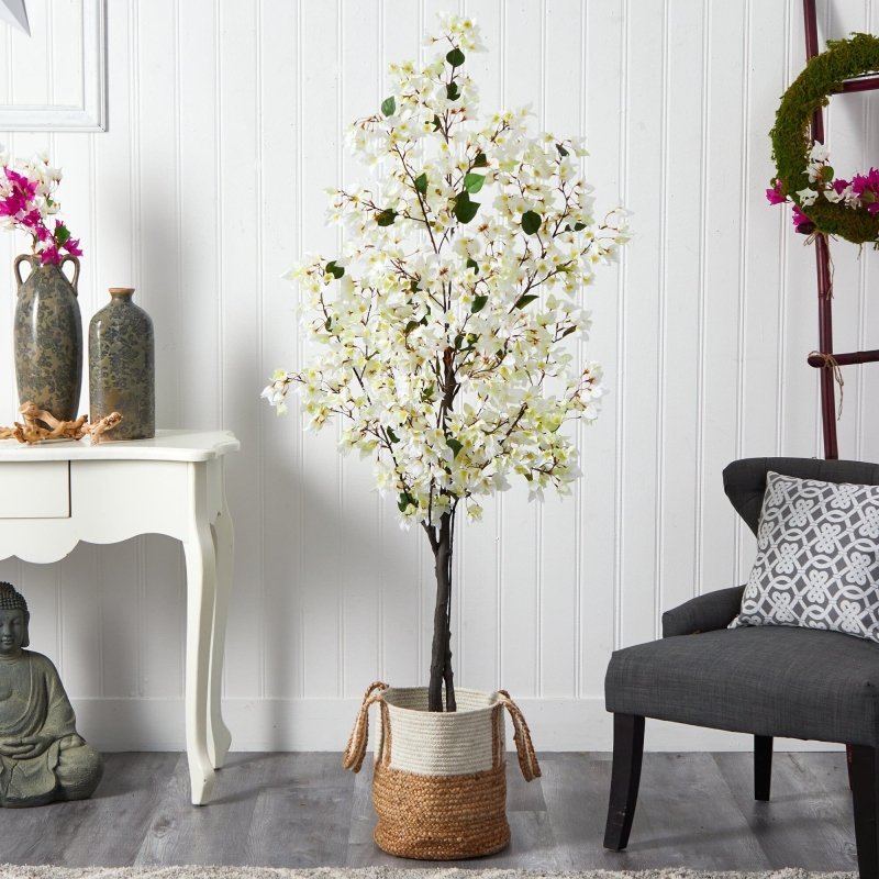 6’ Artificial Bougainvillea Tree with Handmade Jute &amp; Cotton Basket - FCHF CITY