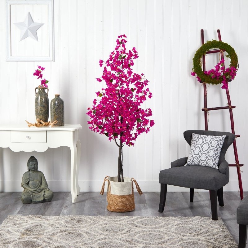 6’ Artificial Bougainvillea Tree with Handmade Jute &amp; Cotton Basket - FCHF CITY