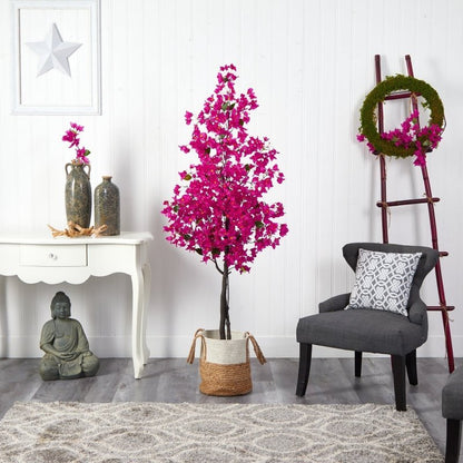 6’ Artificial Bougainvillea Tree with Handmade Jute &amp; Cotton Basket - FCHF CITY