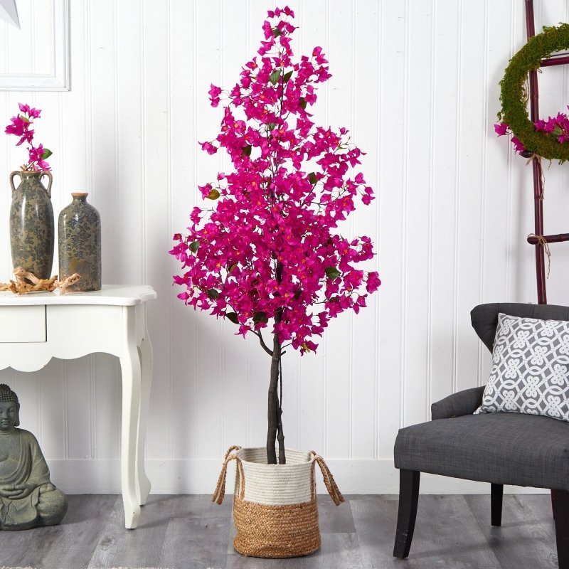 6’ Artificial Bougainvillea Tree with Handmade Jute &amp; Cotton Basket - FCHF CITY
