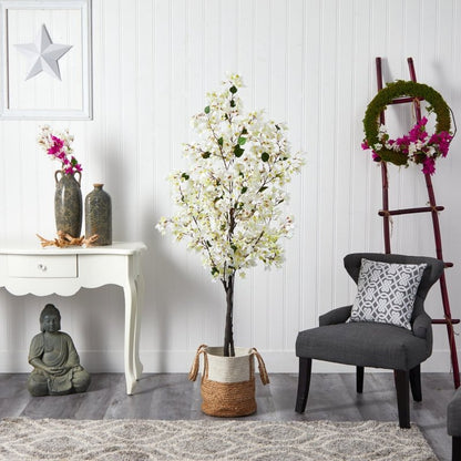6’ Artificial Bougainvillea Tree with Handmade Jute &amp; Cotton Basket - FCHF CITY