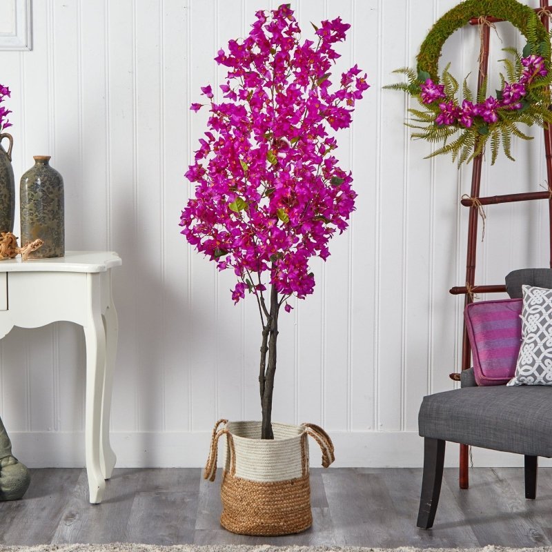 6’ Artificial Bougainvillea Tree with Handmade Jute &amp; Cotton Basket - FCHF CITY