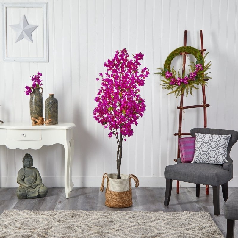 6’ Artificial Bougainvillea Tree with Handmade Jute &amp; Cotton Basket - FCHF CITY