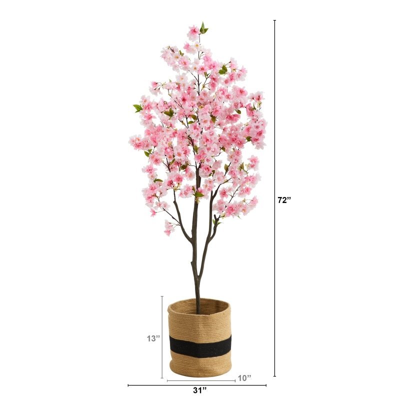 6’ Artificial Cherry Blossom Tree with Handmade Jute &amp; Cotton Basket - FCHF CITY