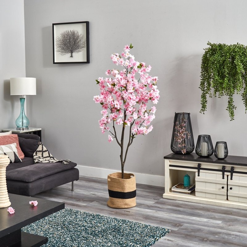 6’ Artificial Cherry Blossom Tree with Handmade Jute &amp; Cotton Basket - FCHF CITY